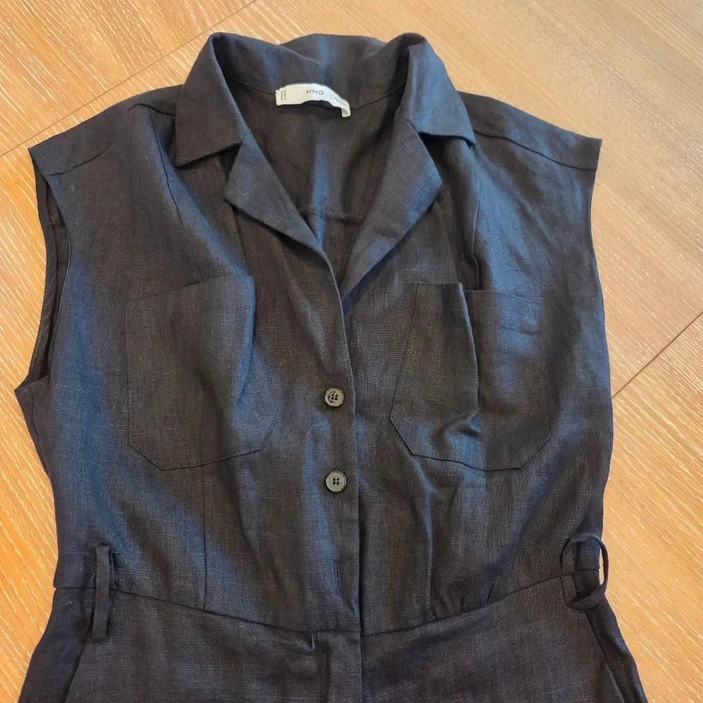 Mango Linen Women's Black Sleeveless Jumpsuit Crop Pant Button Front Pockets S